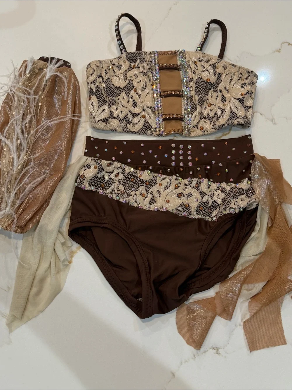 Custom Brown Lace Two-Piece Dance Costume with Iridescent Rhinestones sz 9-11